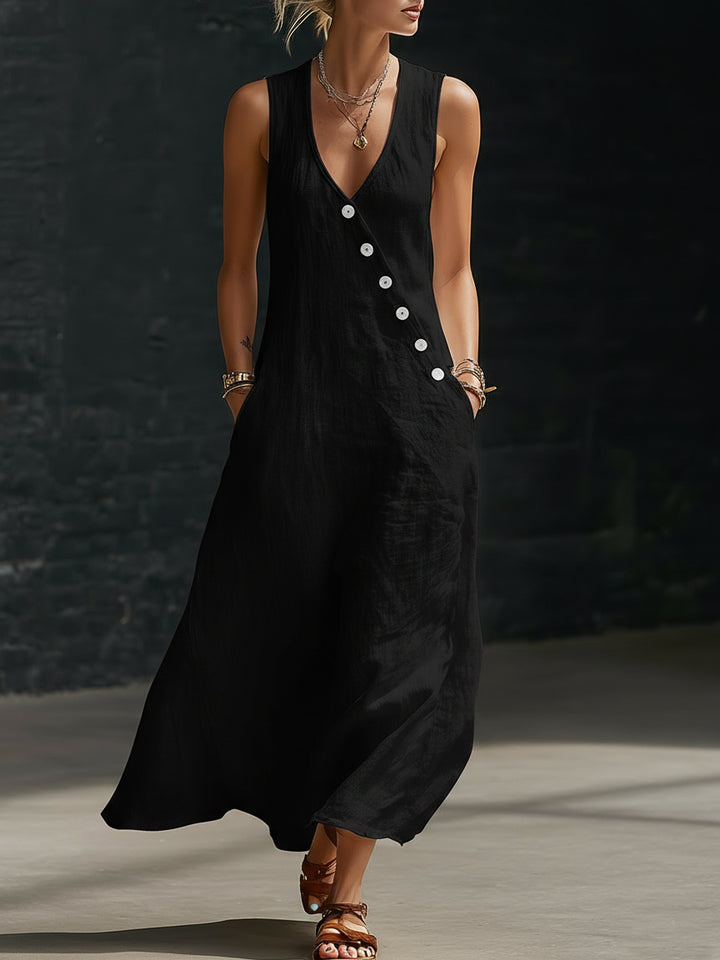 Linen Dress Women Button Front | Effortless Sleeveless Maxi Length#colour_black
