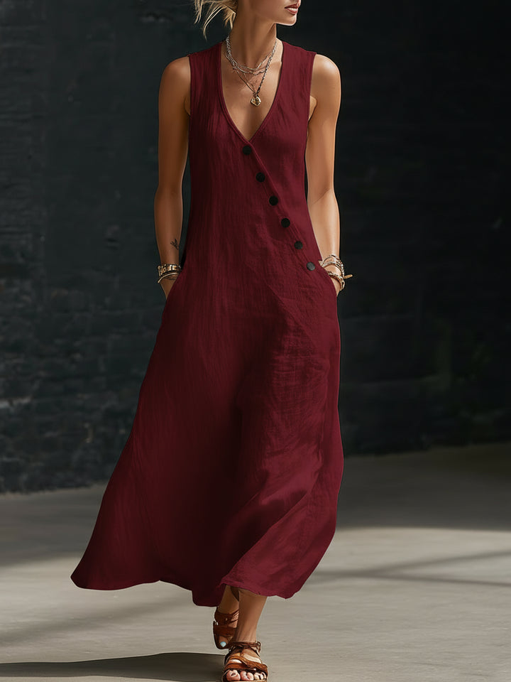 Linen Dress Women Button Front | Effortless Sleeveless Maxi Length#colour_burgundy