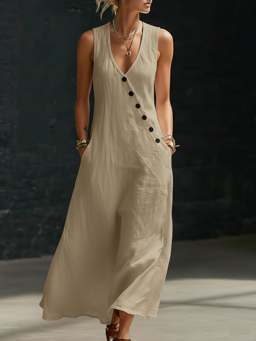 Linen Dress Women Button Front | Effortless Sleeveless Maxi Length#colour_camel