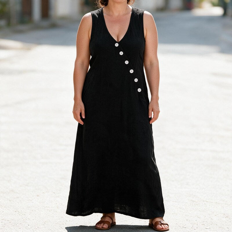Linen Dress Women Button Front | Effortless Sleeveless Maxi Length#colour_black