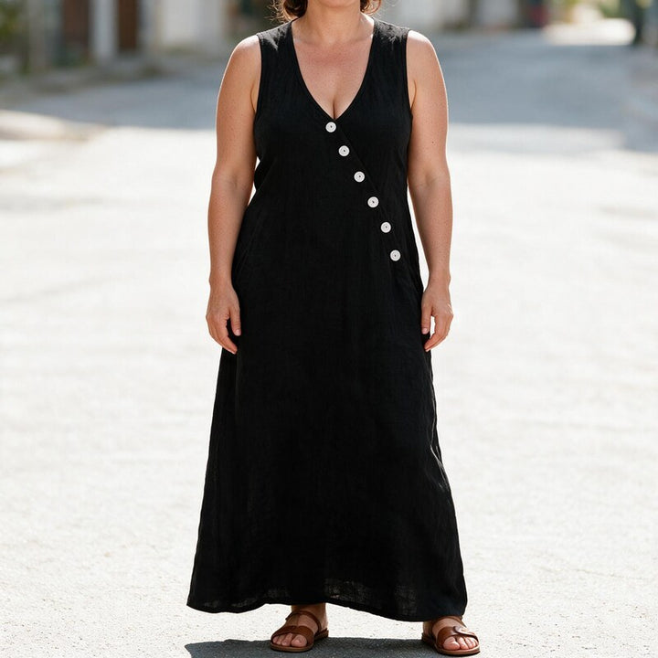 Linen Dress Women Button Front | Effortless Sleeveless Maxi Length#colour_black