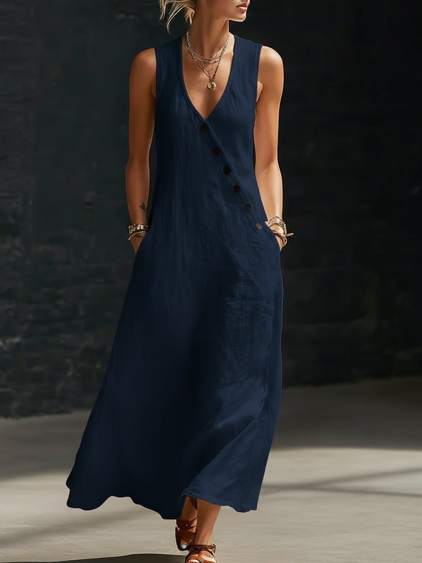 Linen Dress Women Button Front | Effortless Sleeveless Maxi Length#colour_navy