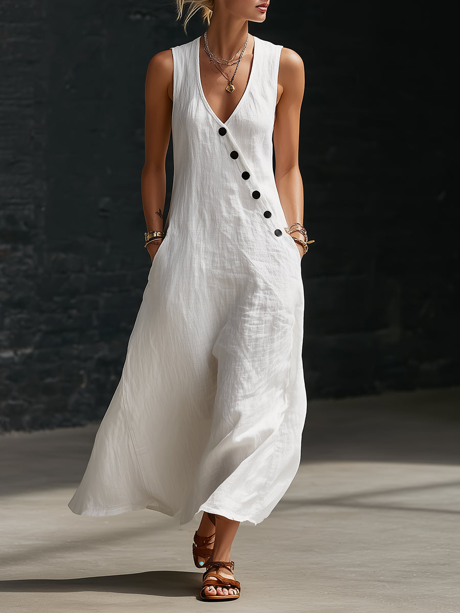 Linen Dress Women Button Front | Effortless Sleeveless Maxi Length#colour_white