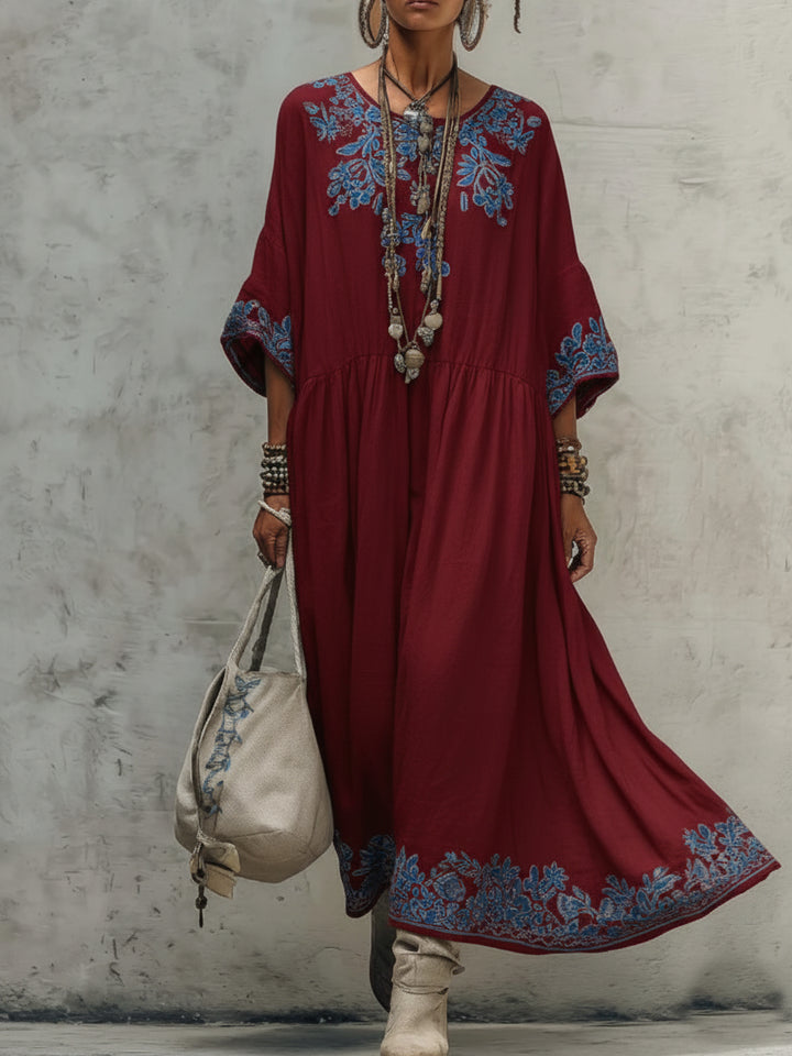 Linen Dress Women Embroidered | Relaxed Oversized Kaftan Maxi#colour_burgundy