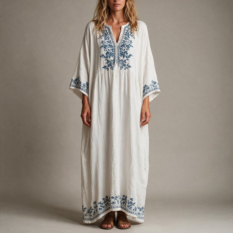 Linen Dress Women Embroidered | Relaxed Oversized Kaftan Maxi#colour_white