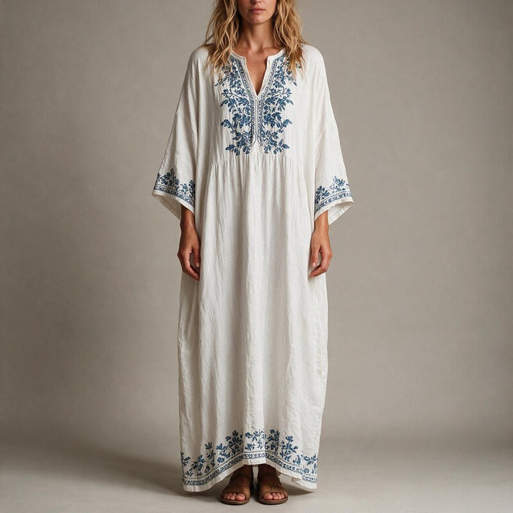 Linen Dress Women Embroidered | Relaxed Oversized Kaftan Maxi#colour_white