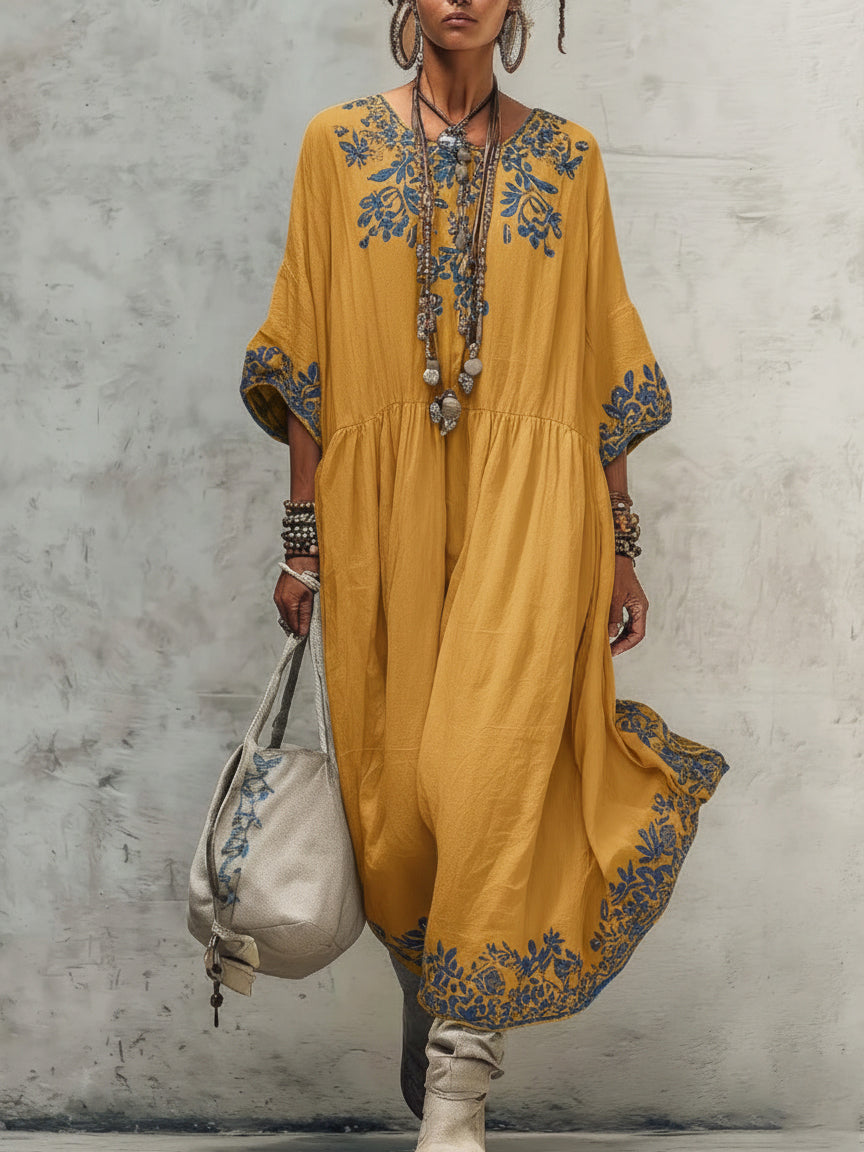 Linen Dress Women Embroidered | Relaxed Oversized Kaftan Maxi#colour_mustard