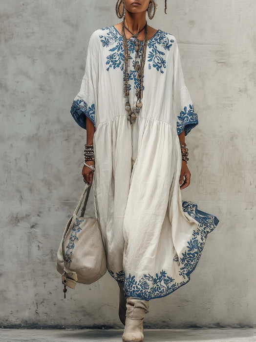 Linen Dress Women Embroidered | Relaxed Oversized Kaftan Maxi#colour_white