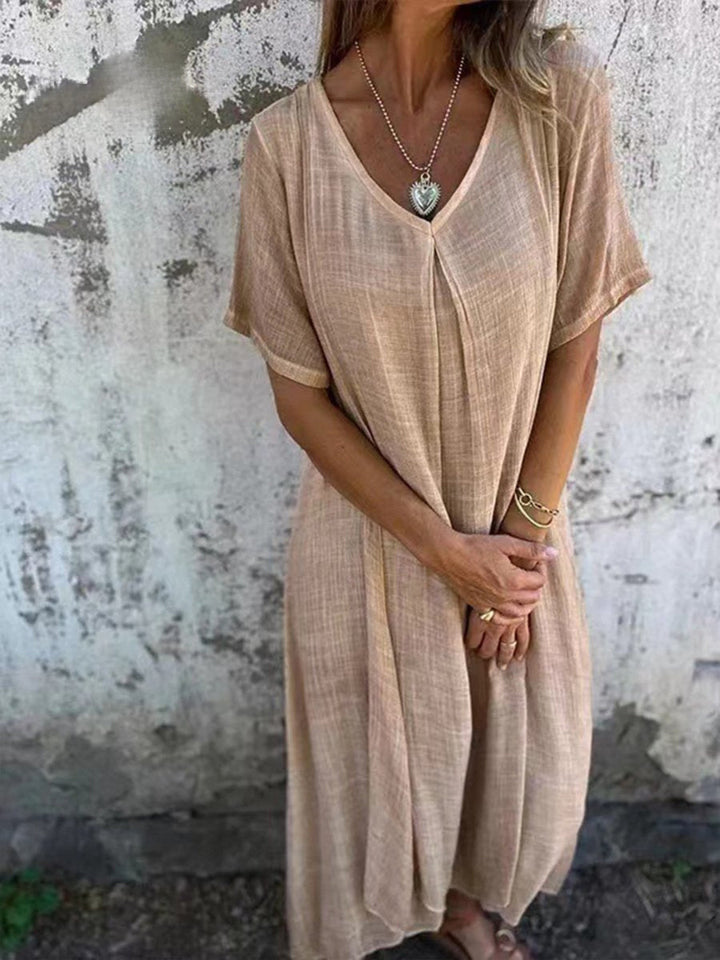 Linen Dress Women Kaftan Style | Breezy V Neck Maxi Length#colour_beige