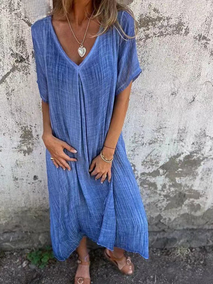 Linen Dress Women Kaftan Style | Breezy V Neck Maxi Length#colour_blue