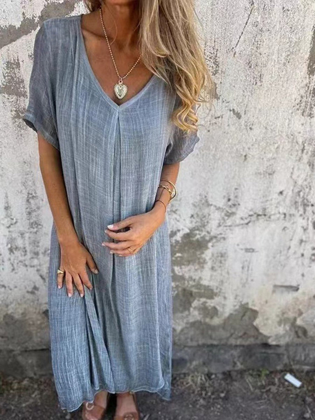 Linen Dress Women Kaftan Style | Breezy V Neck Maxi Length#colour_grey