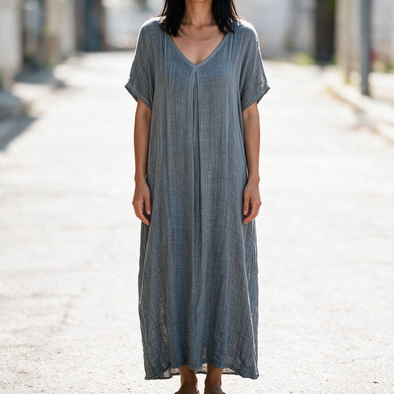 Linen Dress Women Kaftan Style | Breezy V Neck Maxi Length#colour_grey