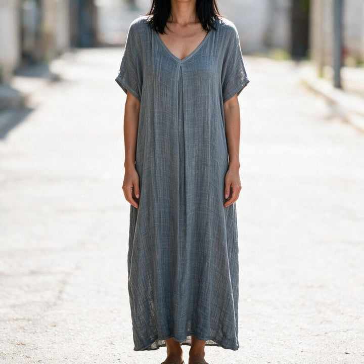 Linen Dress Women Kaftan Style | Breezy V Neck Maxi Length#colour_grey