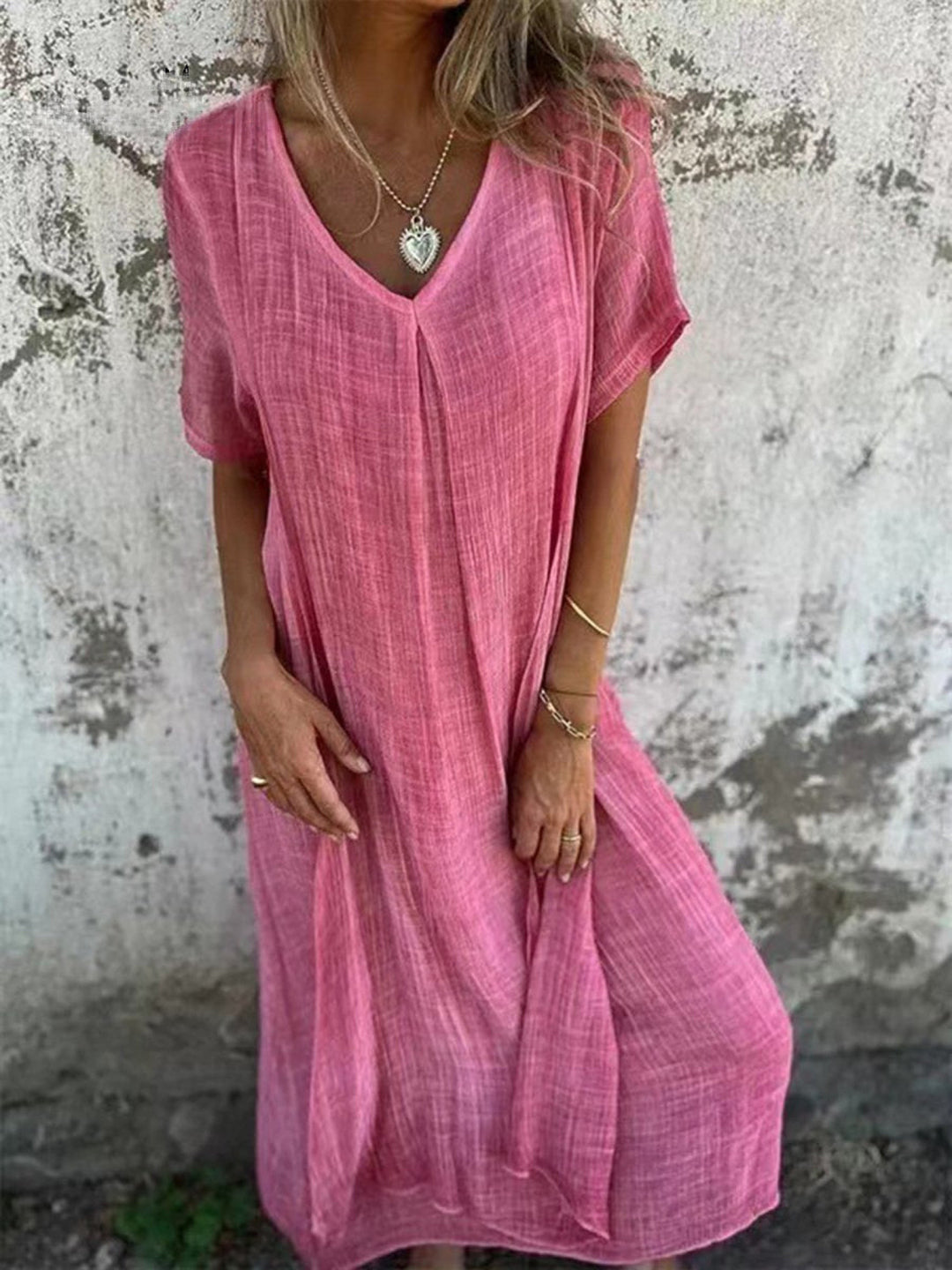 Linen Dress Women Kaftan Style | Breezy V Neck Maxi Length#colour_pink