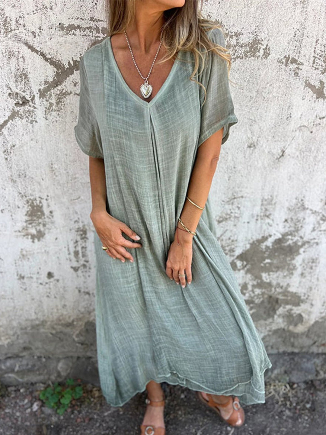 Linen Dress Women Kaftan Style | Breezy V Neck Maxi Length#colour_sage