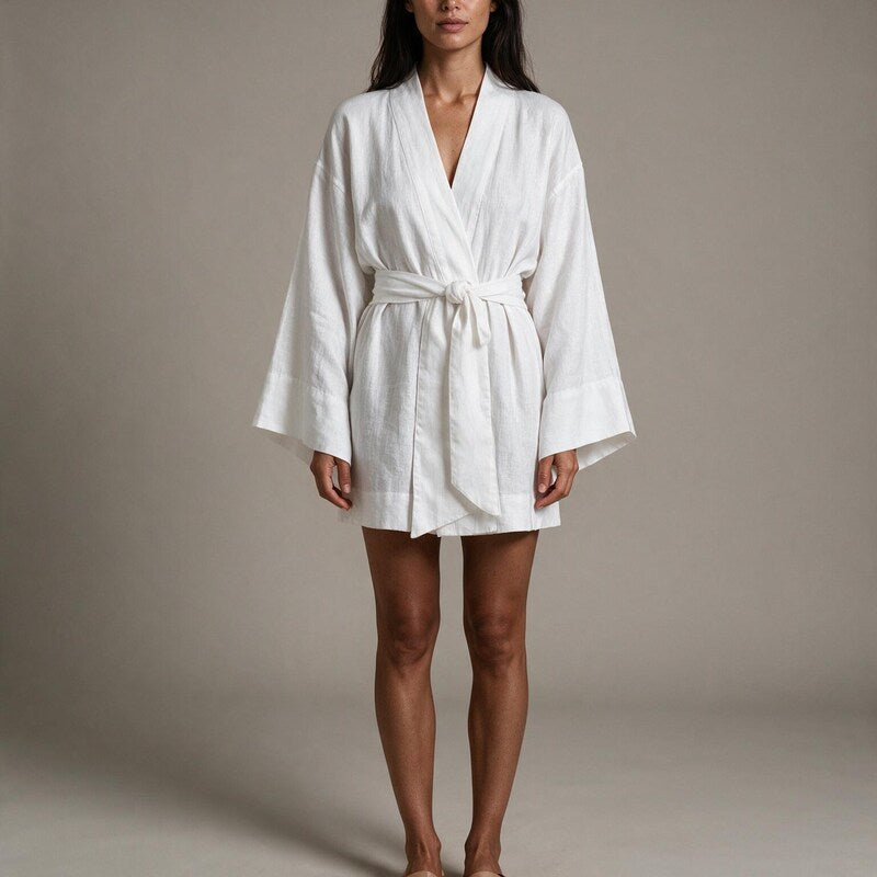 Linen Dress Women Kimono Sleeve | Effortless Wrap Tie Waist#colour_white