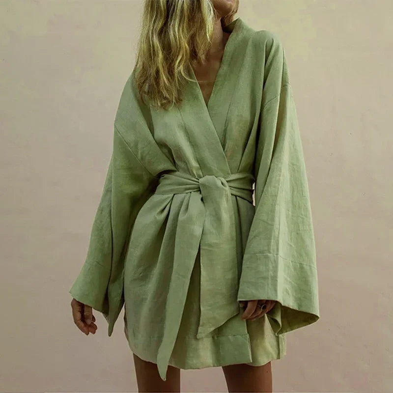 Linen Dress Women Kimono Sleeve | Effortless Wrap Tie Waist#colour_sage