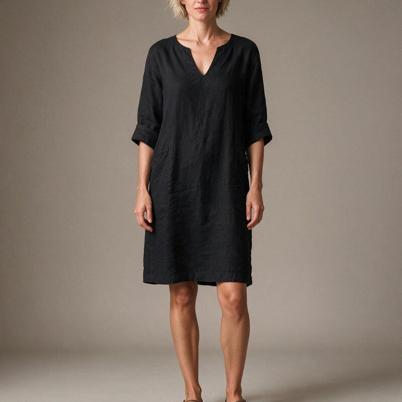 Linen Dress Women Notch Neckline | Relaxed Shift Mini Length #colour_black