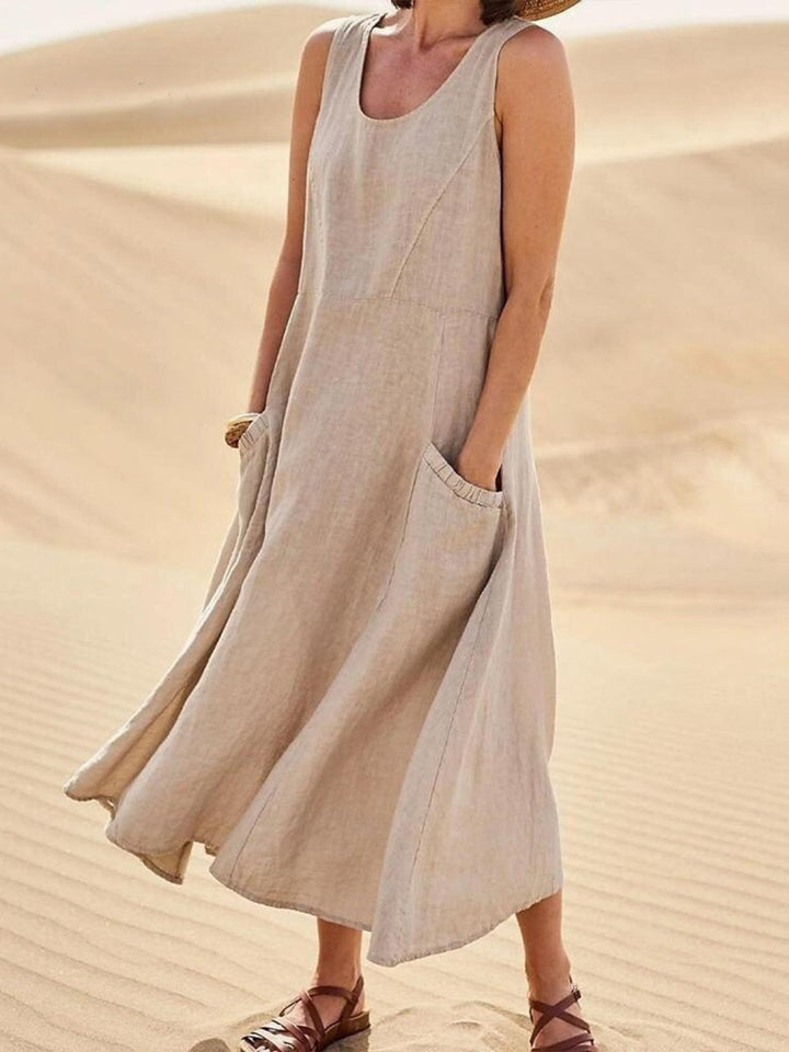 Linen Dress Women Sleeveless | Relaxed Maxi Length with Pockets#colour_beige