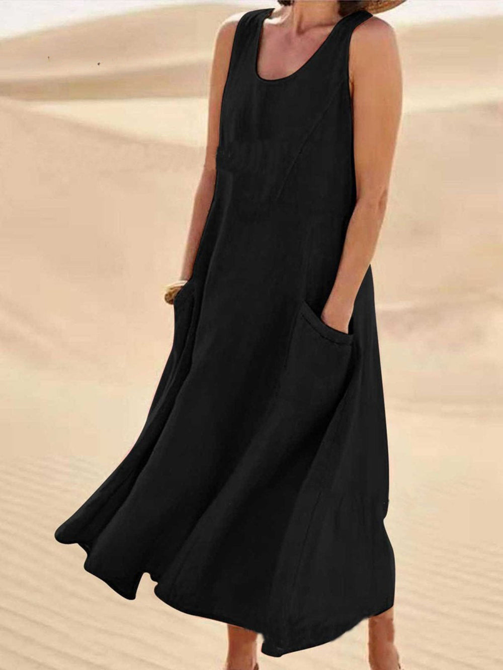 Linen Dress Women Sleeveless | Relaxed Maxi Length with Pockets#colour_black