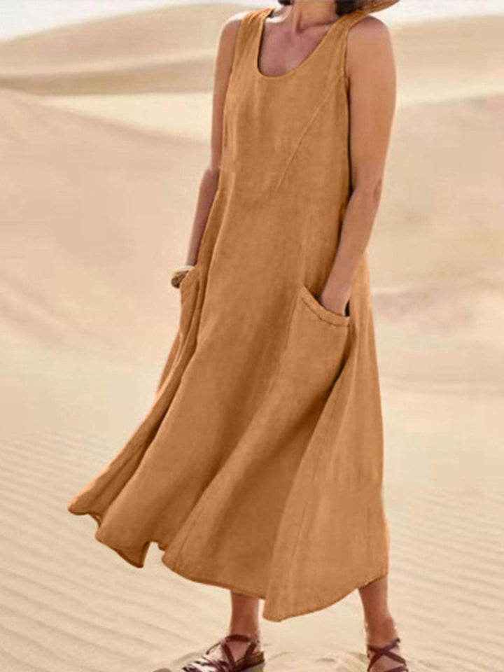 Linen Dress Women Sleeveless | Relaxed Maxi Length with Pockets#colour_camel