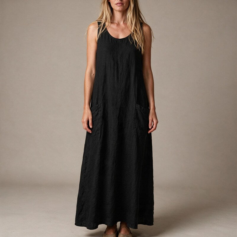 Linen Dress Women Sleeveless | Relaxed Maxi Length with Pockets#colour_black