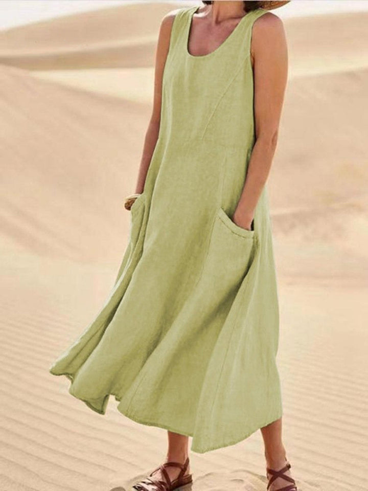 Linen Dress Women Sleeveless | Relaxed Maxi Length with Pockets#colour_sage