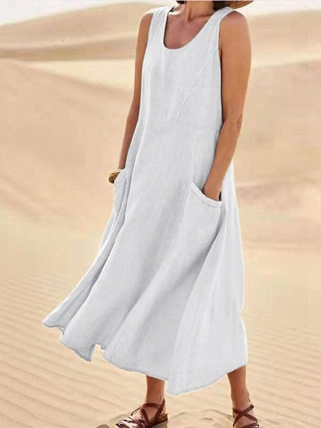 Linen Dress Women Sleeveless | Relaxed Maxi Length with Pockets#colour_white