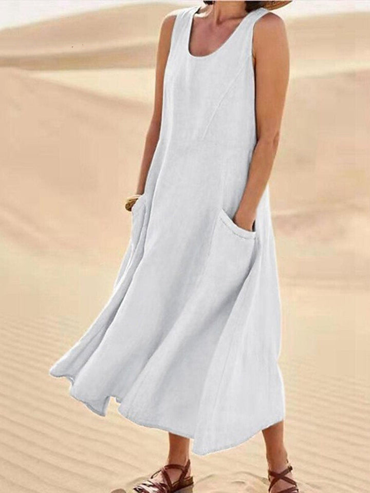 Linen Dress Women Sleeveless | Relaxed Maxi Length with Pockets#colour_white