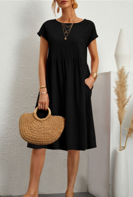 Linen Dress Women Smock Waist | Relaxed Short Sleeve Midi#colour_black