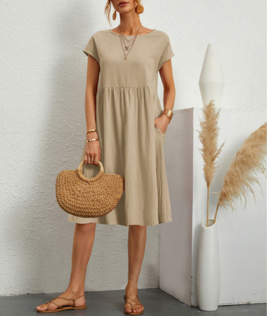 Linen Dress Women Smock Waist | Relaxed Short Sleeve Midi#colour_camel