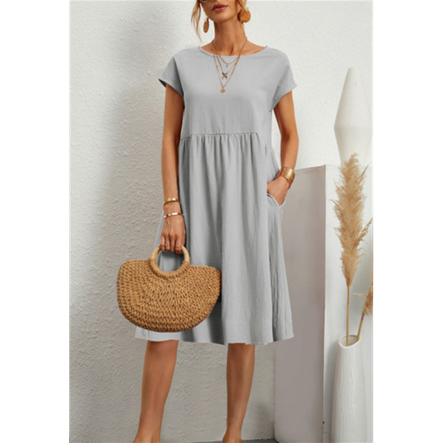 Linen Dress Women Smock Waist | Relaxed Short Sleeve Midi#colour_grey