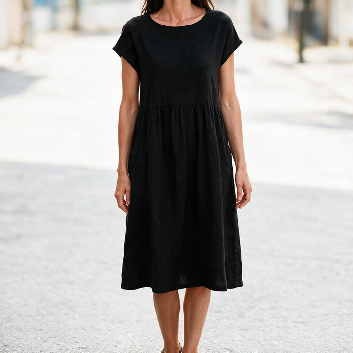 Linen Dress Women Smock Waist | Relaxed Short Sleeve Midi#colour_black