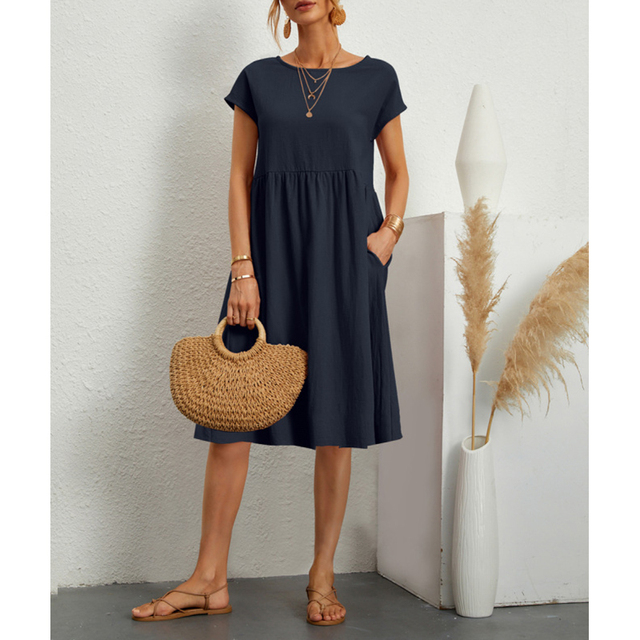 Linen Dress Women Smock Waist | Relaxed Short Sleeve Midi#colour_navy