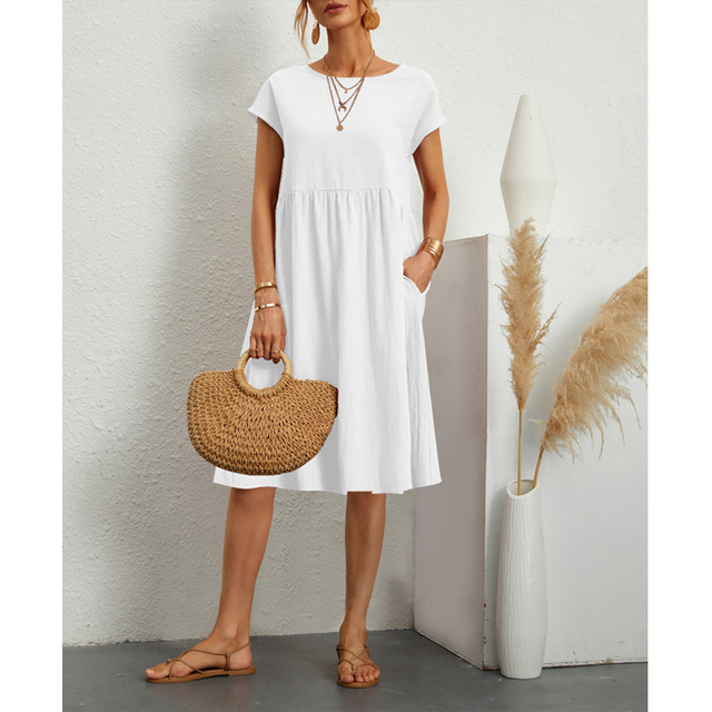 Linen Dress Women Smock Waist | Relaxed Short Sleeve Midi#colour_white