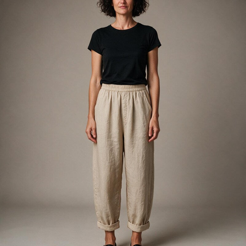 Linen Pants Women Barrel Leg | Folded Overlapping Hem and Soft Waist #colour_beige