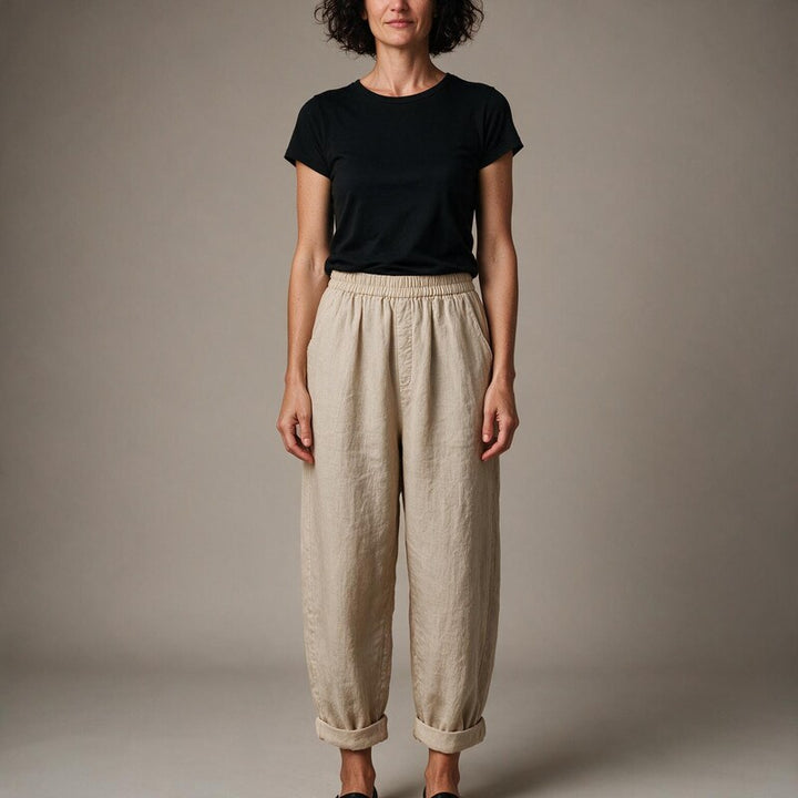 Linen Pants Women Barrel Leg | Folded Overlapping Hem and Soft Waist #colour_beige