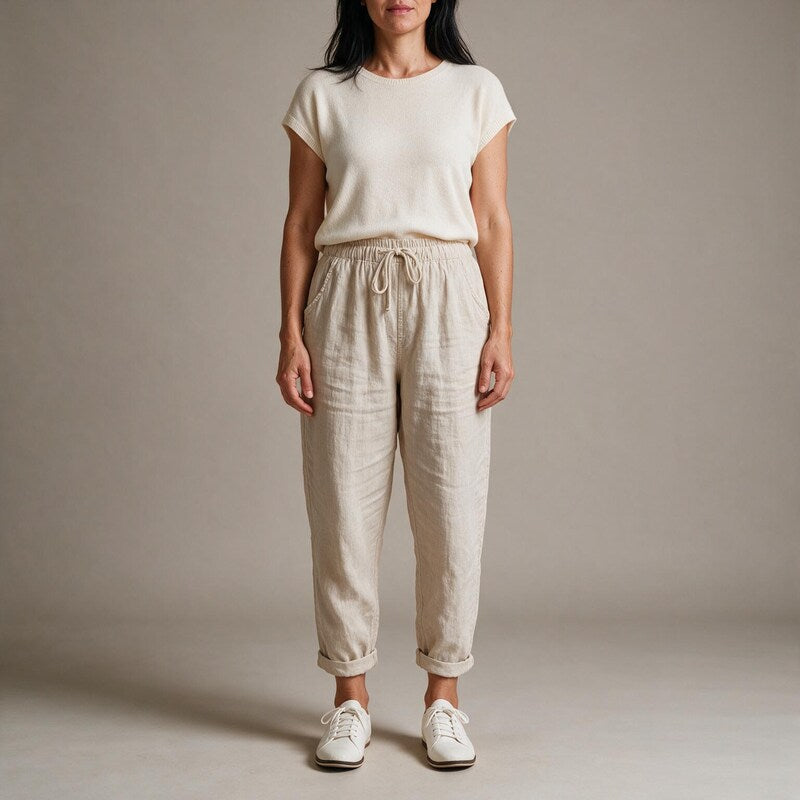 Linen Pants Women Drawstring Waist | Tapered Leg and a Folded Cuff #colour_beige
