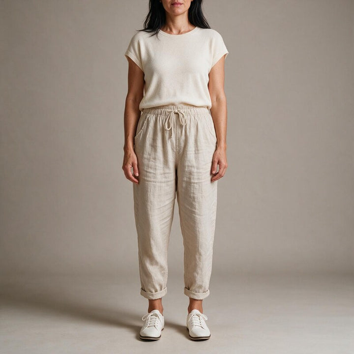 Linen Pants Women Drawstring Waist | Tapered Leg and a Folded Cuff #colour_beige