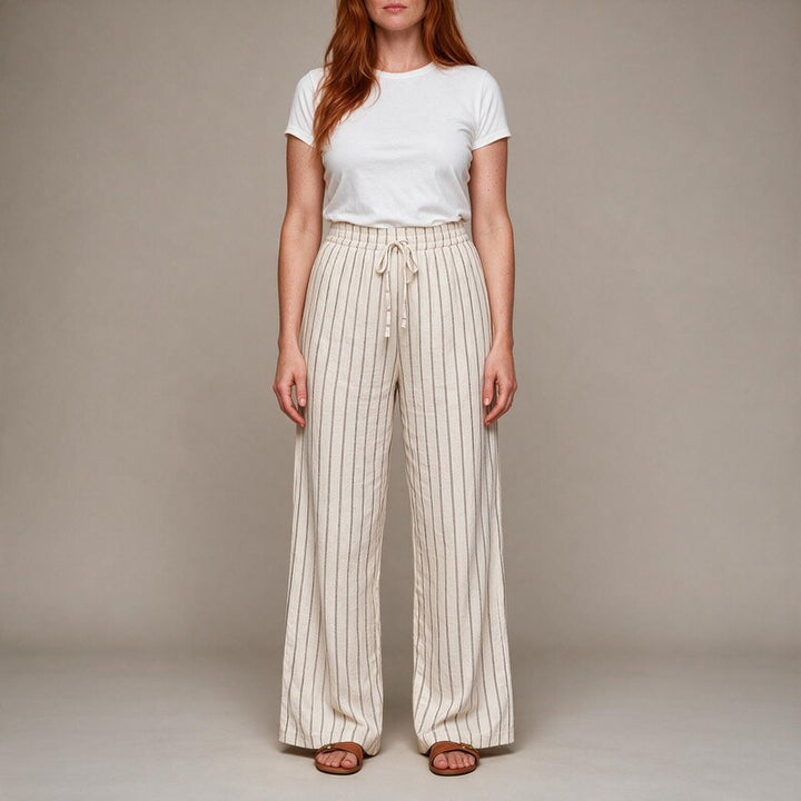 Linen Pants Women Fine Pinstripe | High Drawstring and a Long Wide Leg #colour_apricot