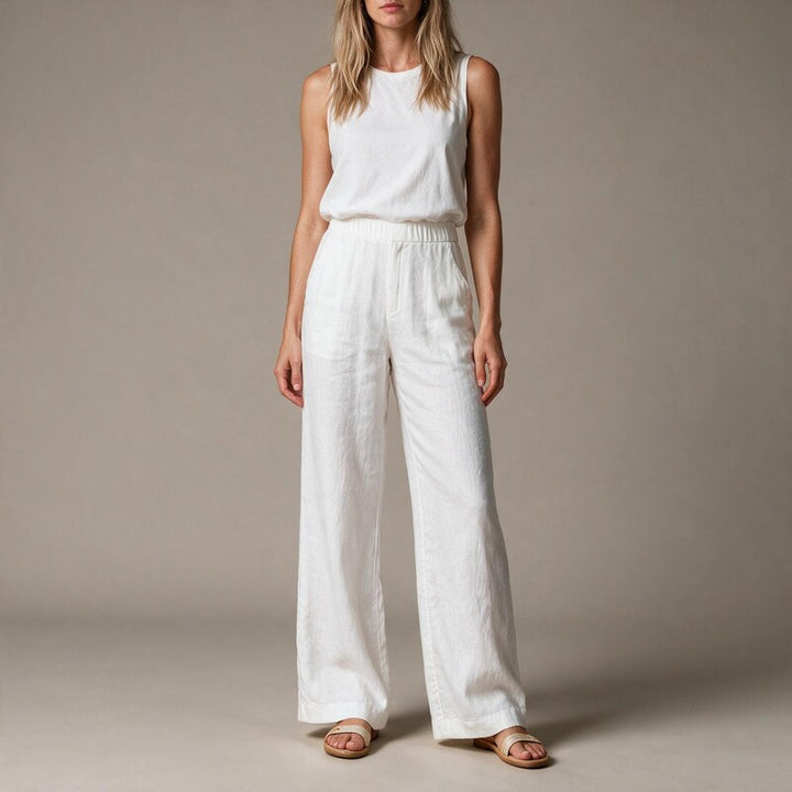 Linen Pants Women Flat Waistband | Long Fluid Wide Leg in Plain White #colour_white