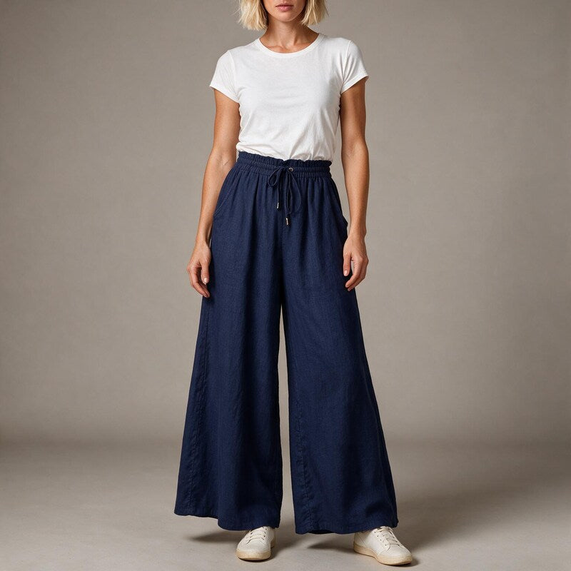 Linen Pants Women Full Flowing Leg | High Drawstring and Deep Pockets #colour_navy