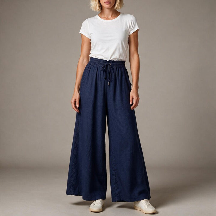 Linen Pants Women Full Flowing Leg | High Drawstring and Deep Pockets #colour_navy