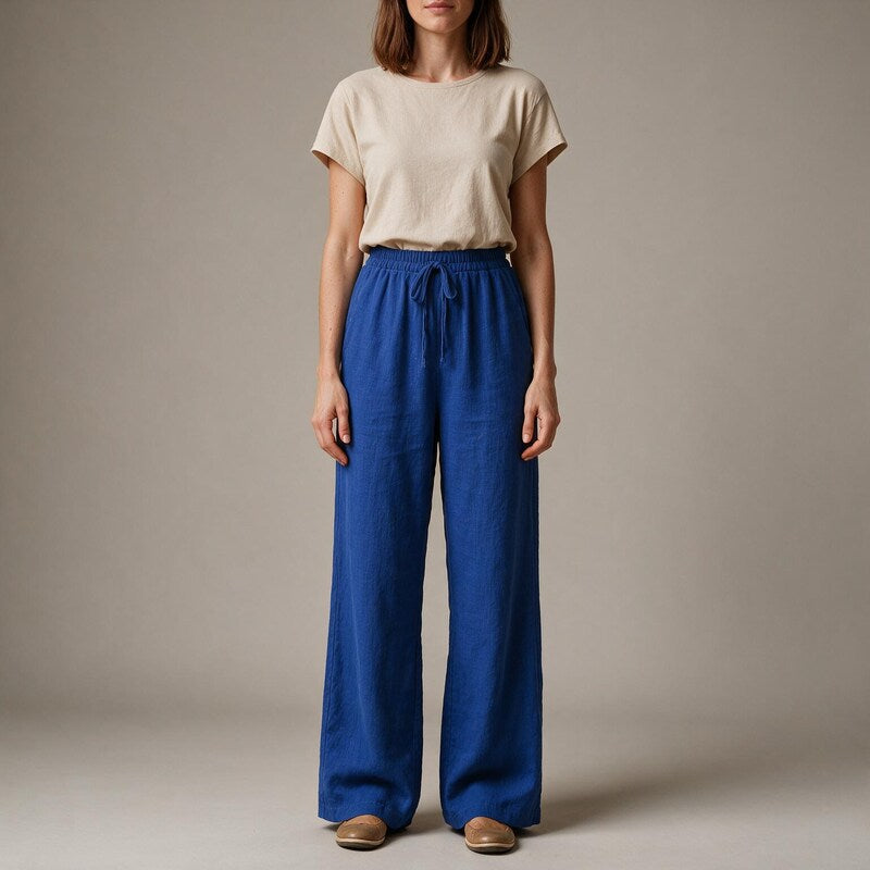Linen Pants Women High Drawstring | Wide Leg in a Bright Cobalt #colour_blue