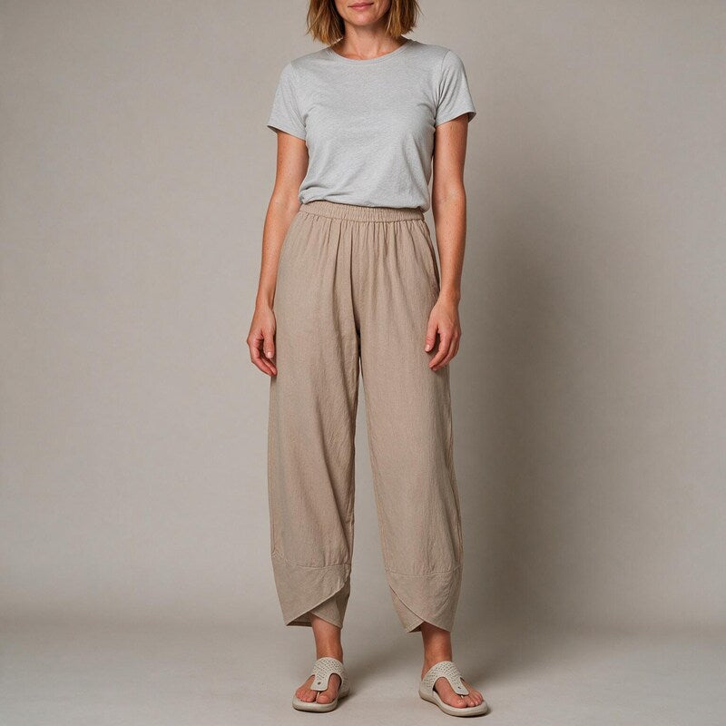 Linen Pants Women Pull On Waist | Soft Tapered Leg and Overlap Hem #colour_khaki
