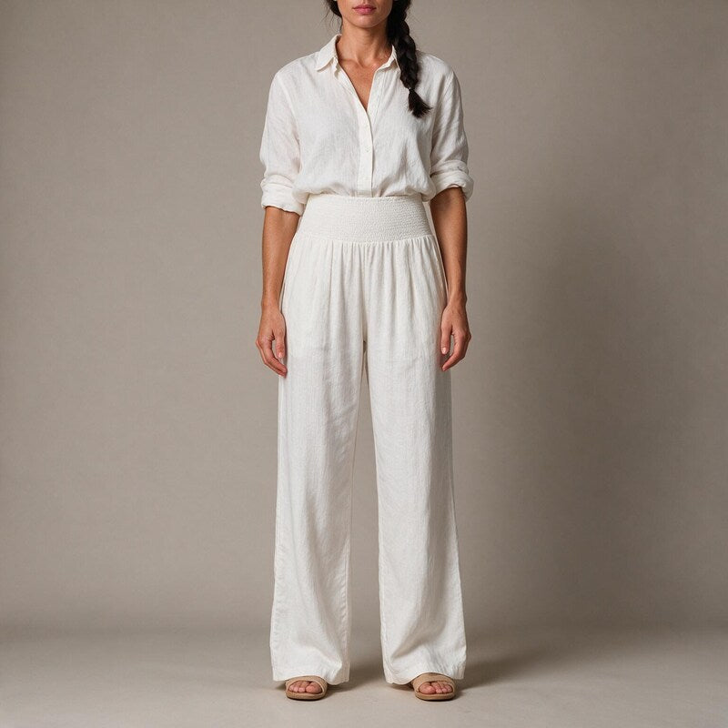 Linen Pants Women Smocked Waistband | Cotton Blend with Straight Leg #colour_white