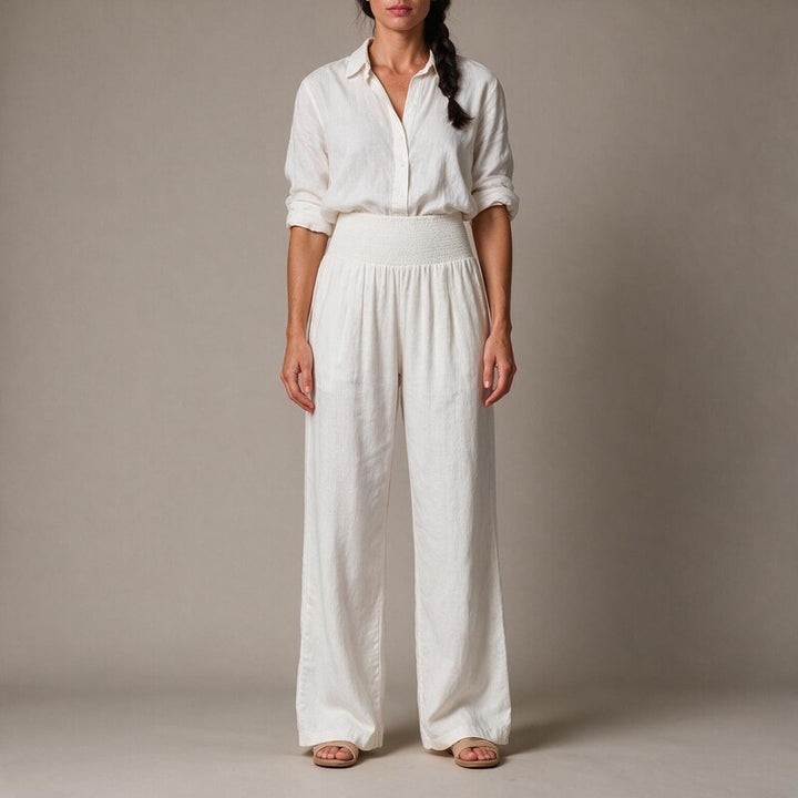 Linen Pants Women Smocked Waistband | Cotton Blend with Straight Leg #colour_white