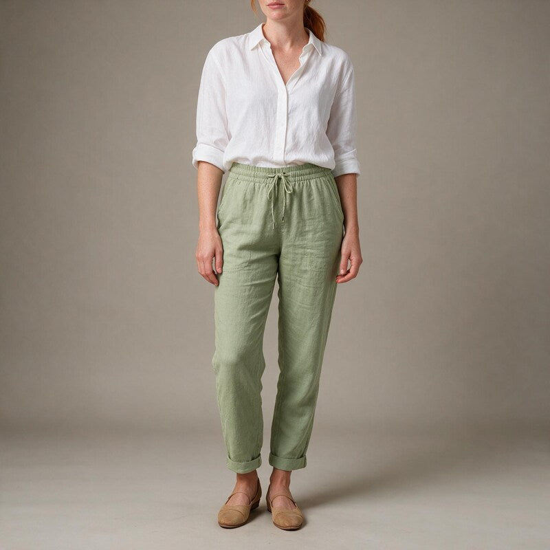 Linen Pants Women Straight Leg | Elasticated Waist with Side Pockets #colour_green