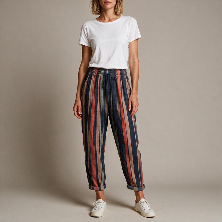 Linen Pants Women Vertical Stripes | Tapered Leg with Turned Up Cuff #colour_multicolour