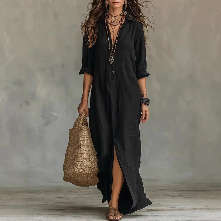 Linen Shirt Maxi Dress Women in Black by Fashion Like You#colour_black